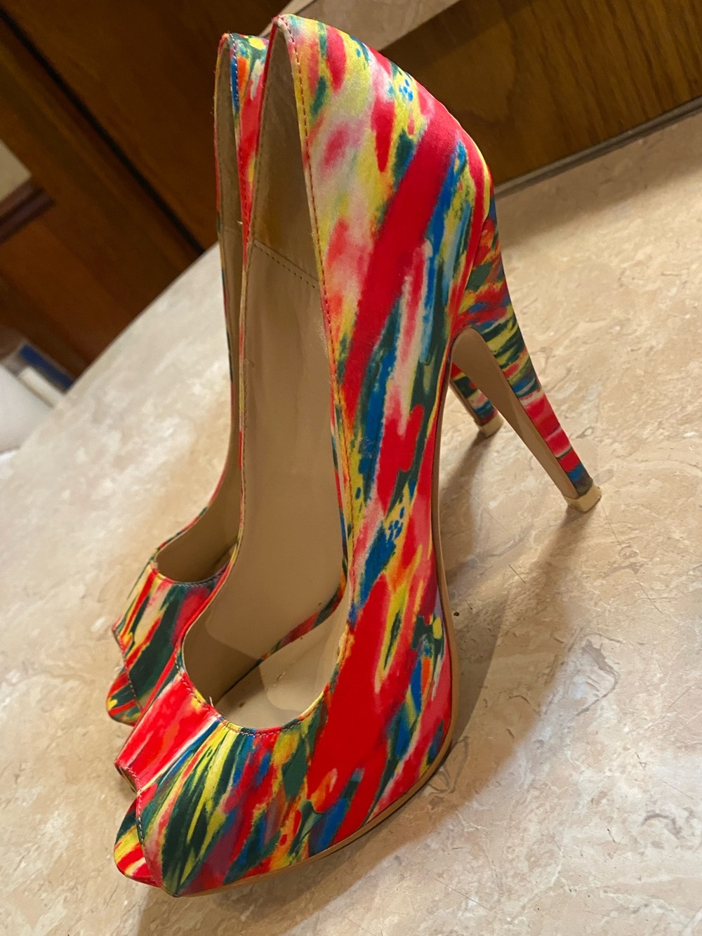 Call It Spring Red Multicolor Open-Toe Pumps - Picture 2 of 7